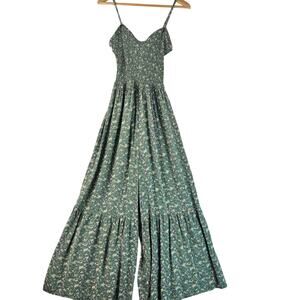 Natural Life Womens M Green Floral Smocked Tiered Wide Leg Boho Jumpsuit Rayon